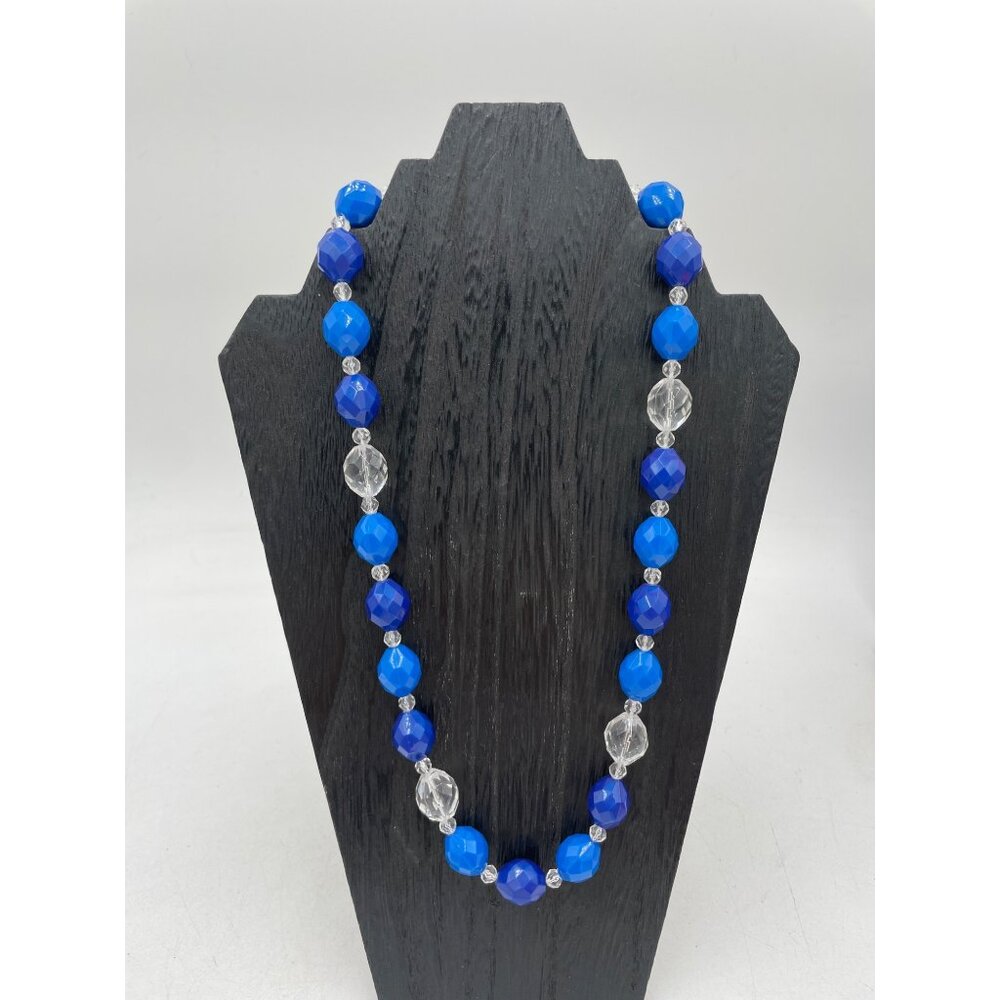 Vintage Blue & Clear Faceted Bead Necklace 1950's Gold Clasp For Women